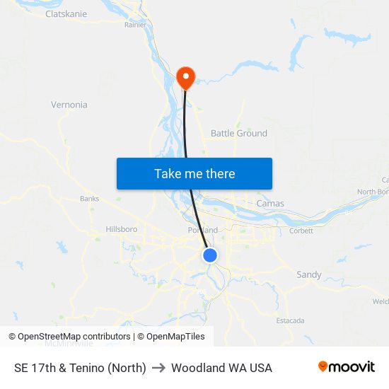 SE 17th & Tenino (North) to Woodland WA USA map