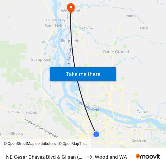 NE Cesar Chavez Blvd & Glisan (South) to Woodland WA USA map