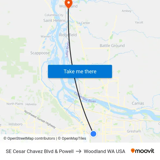 SE Cesar Chavez Blvd & Powell to Woodland WA USA map