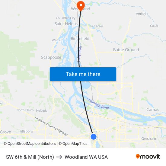 SW 6th & Mill (North) to Woodland WA USA map