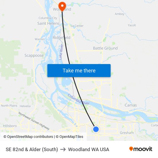 SE 82nd & Alder (South) to Woodland WA USA map