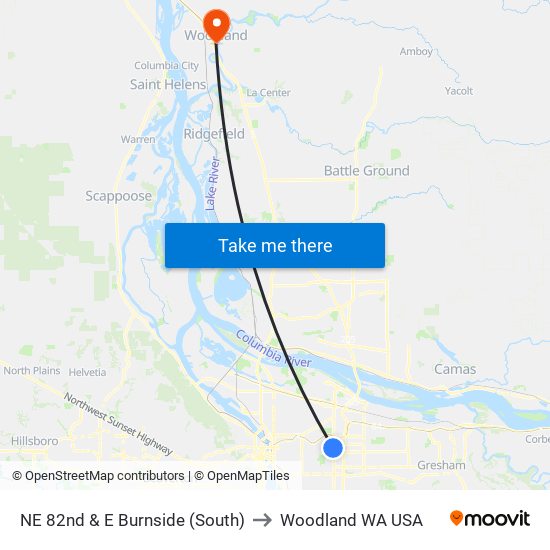 NE 82nd & E Burnside (South) to Woodland WA USA map