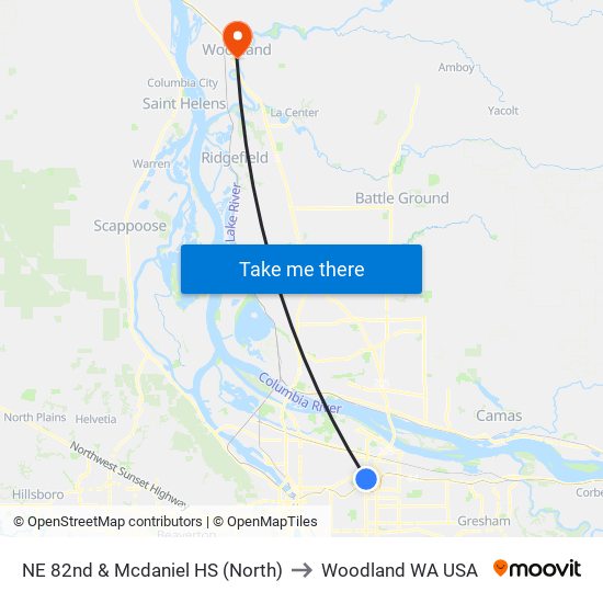 NE 82nd & Mcdaniel HS (North) to Woodland WA USA map