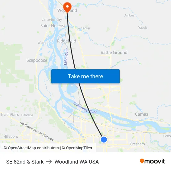 SE 82nd & Stark to Woodland WA USA map