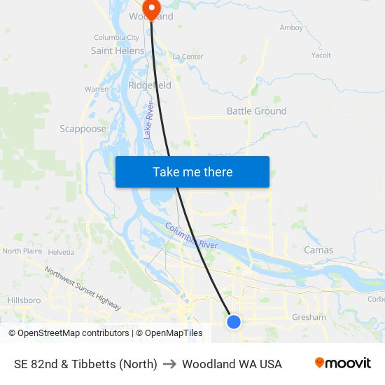 SE 82nd & Tibbetts (North) to Woodland WA USA map