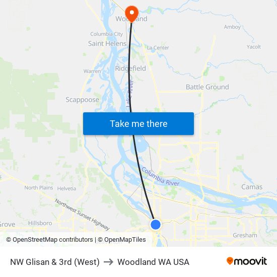 NW Glisan & 3rd (West) to Woodland WA USA map