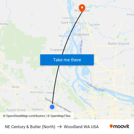 NE Century & Butler (North) to Woodland WA USA map