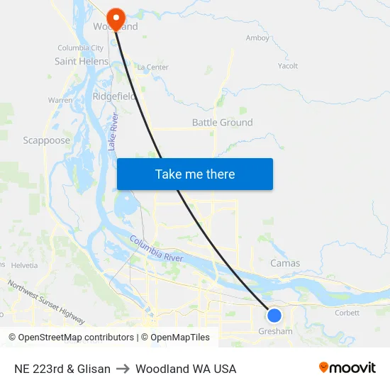 NE 223rd & Glisan to Woodland WA USA map