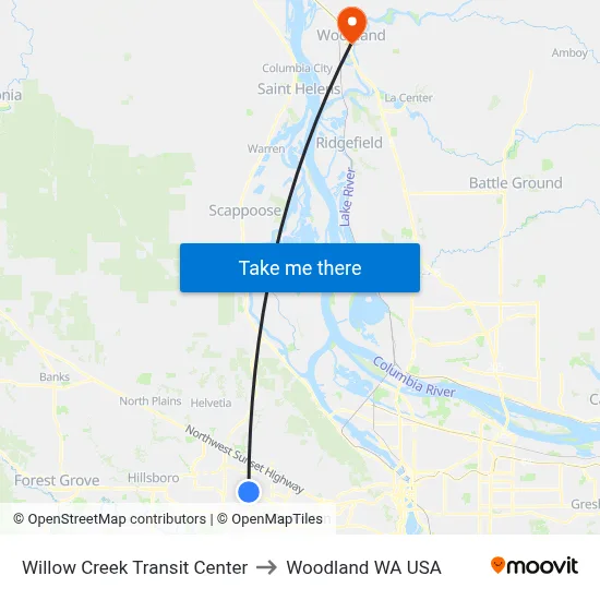 Willow Creek Transit Center to Woodland WA USA map