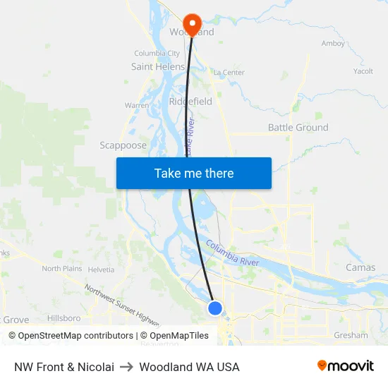 NW Front & Nicolai to Woodland WA USA map