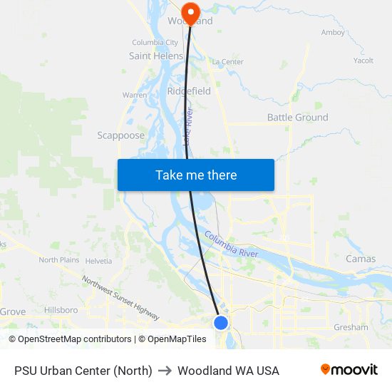 PSU Urban Center (North) to Woodland WA USA map