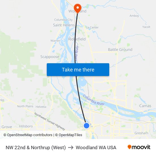 NW 22nd & Northrup (West) to Woodland WA USA map