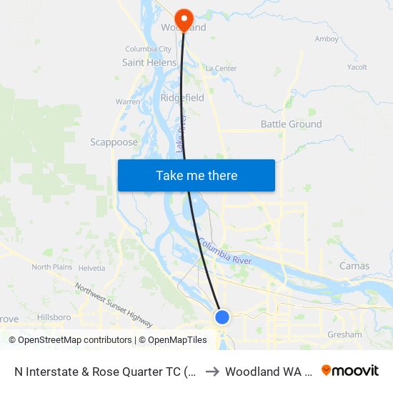 N Interstate & Rose Quarter TC (North) to Woodland WA USA map