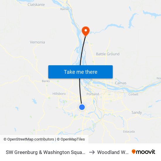 SW Greenburg & Washington Square Rd (North) to Woodland WA USA map