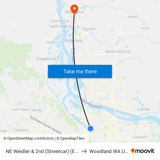 NE Weidler & 2nd (Streetcar) (East) to Woodland WA USA map