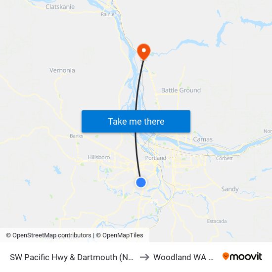 SW Pacific Hwy & Dartmouth (North) to Woodland WA USA map