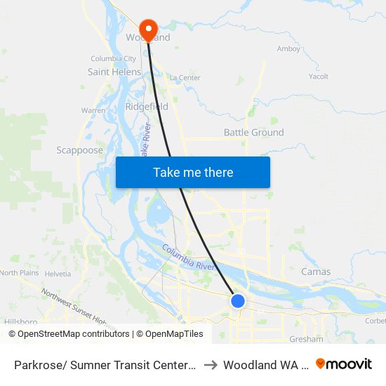 Parkrose/ Sumner Transit Center (West) to Woodland WA USA map