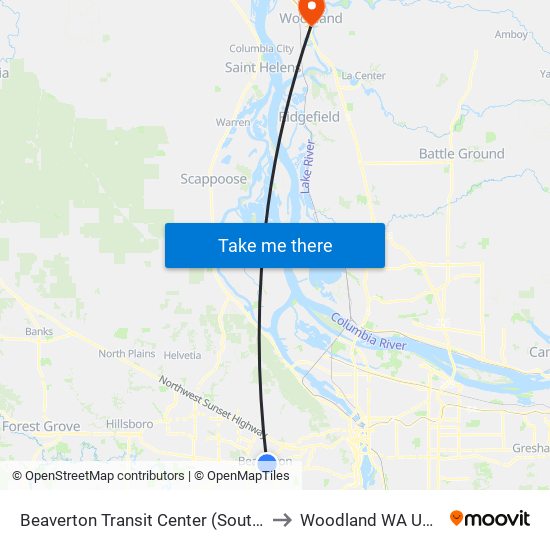 Beaverton Transit Center (South) to Woodland WA USA map