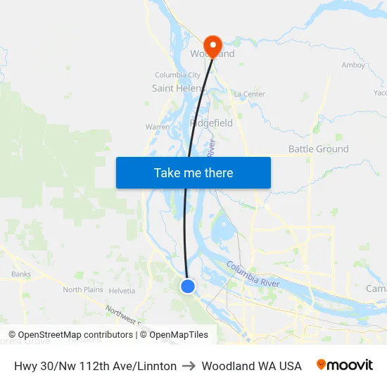 Hwy 30/Nw 112th Ave/Linnton to Woodland WA USA map