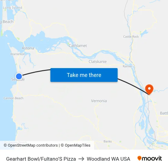 Gearhart Bowl/Fultano’S Pizza to Woodland WA USA map