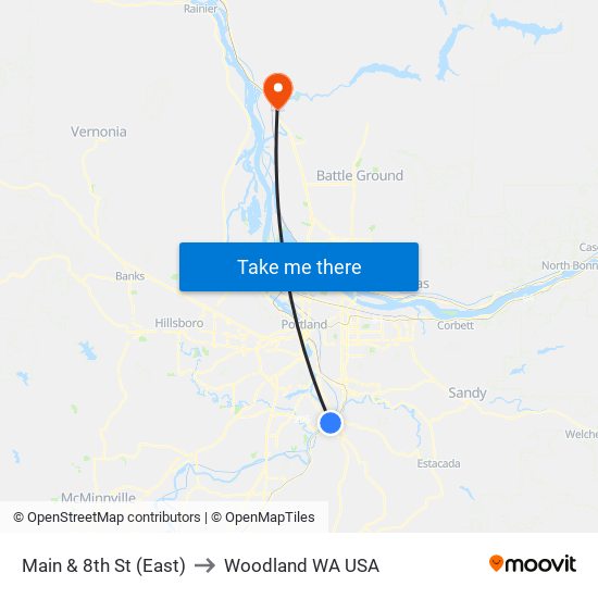 Main & 8th St (East) to Woodland WA USA map