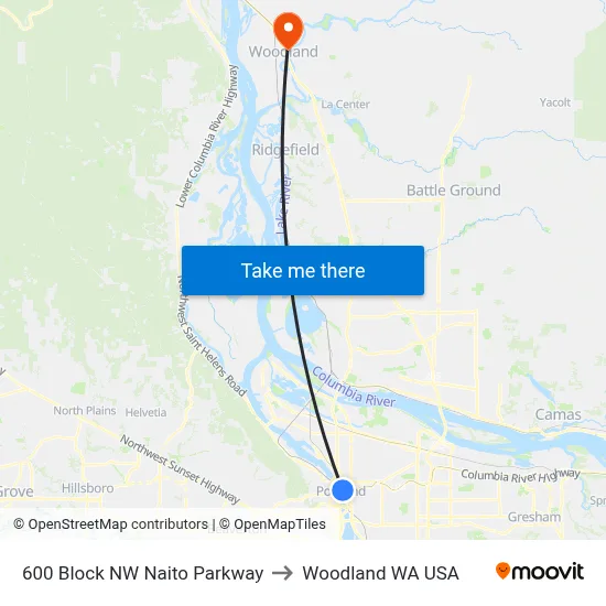 600 Block NW Naito Parkway to Woodland WA USA map