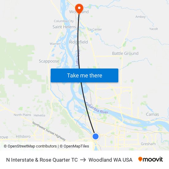 N Interstate & Rose Quarter TC NB to Woodland WA USA map