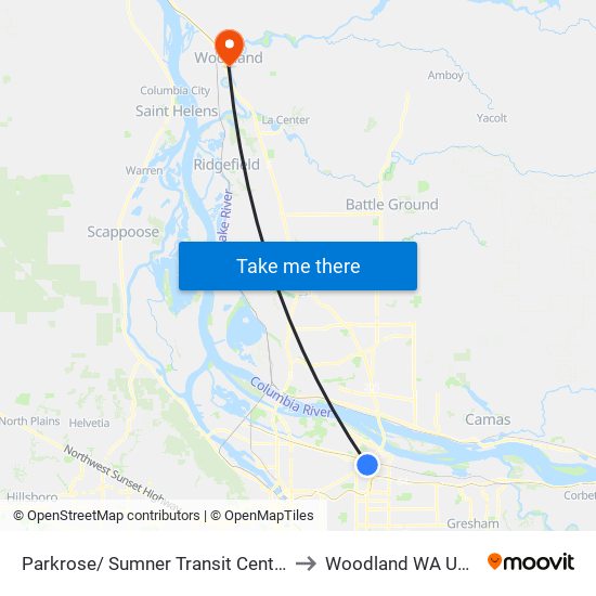 Parkrose/ Sumner Transit Center to Woodland WA USA map