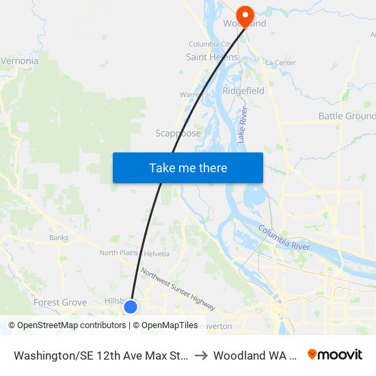 Washington/SE 12th Ave Max Station to Woodland WA USA map