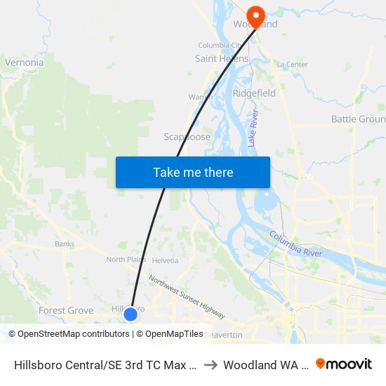 Hillsboro Central/SE 3rd TC Max Station to Woodland WA USA map