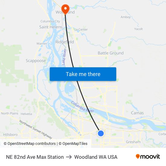 NE 82nd Ave Max Station to Woodland WA USA map