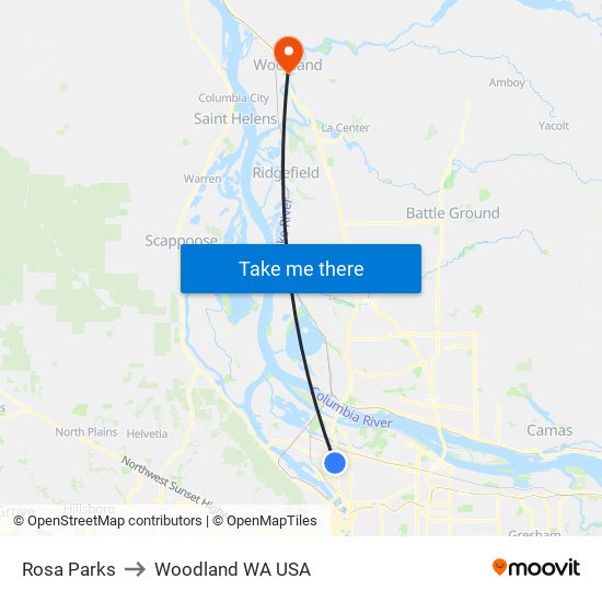 Rosa Parks to Woodland WA USA map