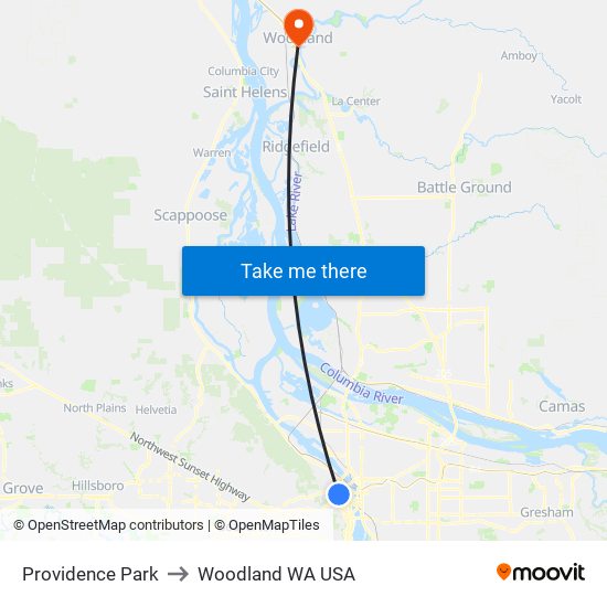 Providence Park to Woodland WA USA map