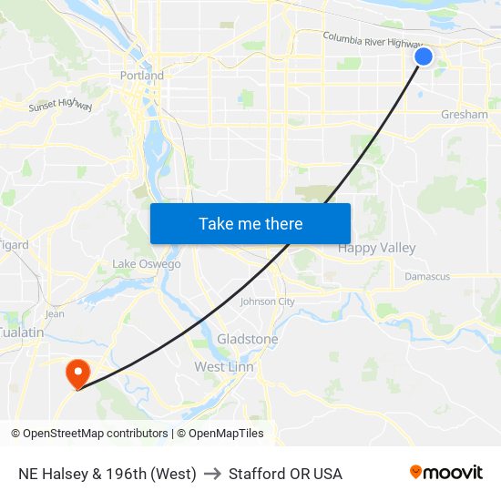 NE Halsey & 196th (West) to Stafford OR USA map