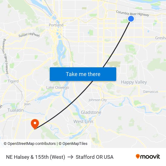 NE Halsey & 155th (West) to Stafford OR USA map