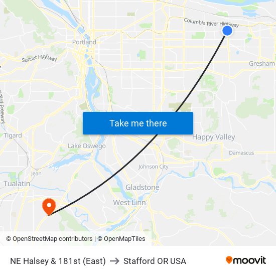 NE Halsey & 181st (East) to Stafford OR USA map