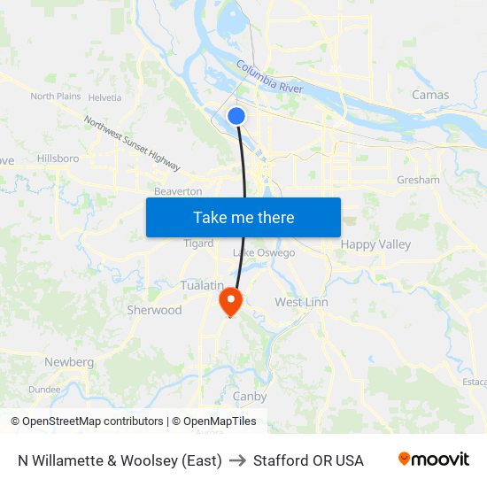 N Willamette & Woolsey (East) to Stafford OR USA map