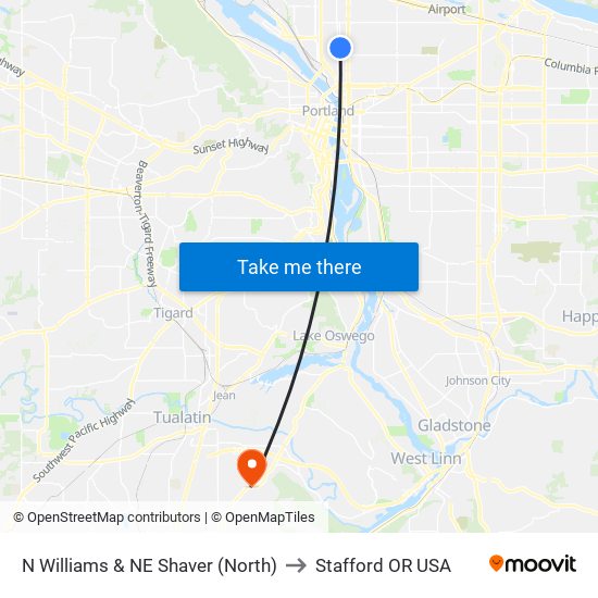 N Williams & NE Shaver (North) to Stafford OR USA map