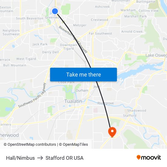 Hall/Nimbus to Stafford OR USA map