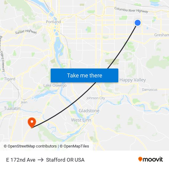 E 172nd Ave to Stafford OR USA map