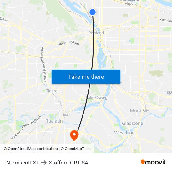 N Prescott St to Stafford OR USA map