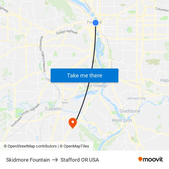 Skidmore Fountain to Stafford OR USA map