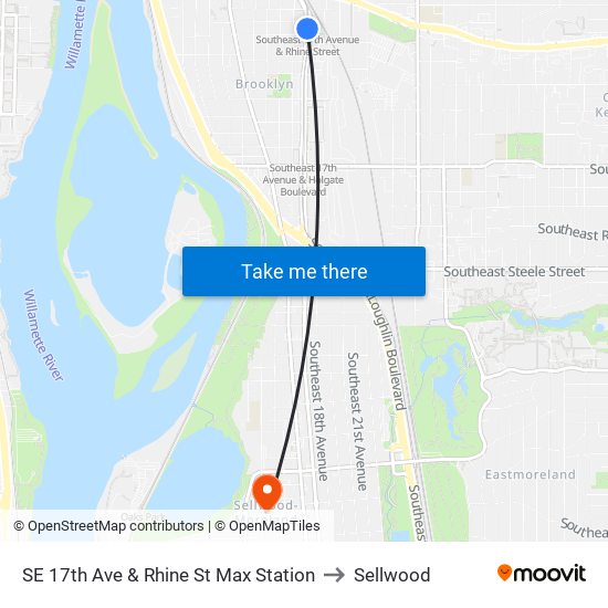 SE 17th Ave & Rhine St Max Station to Sellwood map