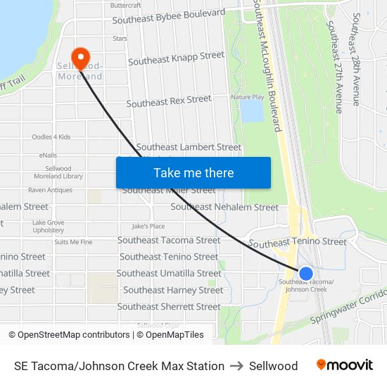 SE Tacoma/Johnson Creek Max Station to Sellwood map