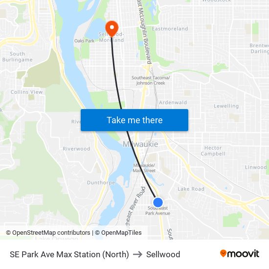 SE Park Ave Max Station (North) to Sellwood map