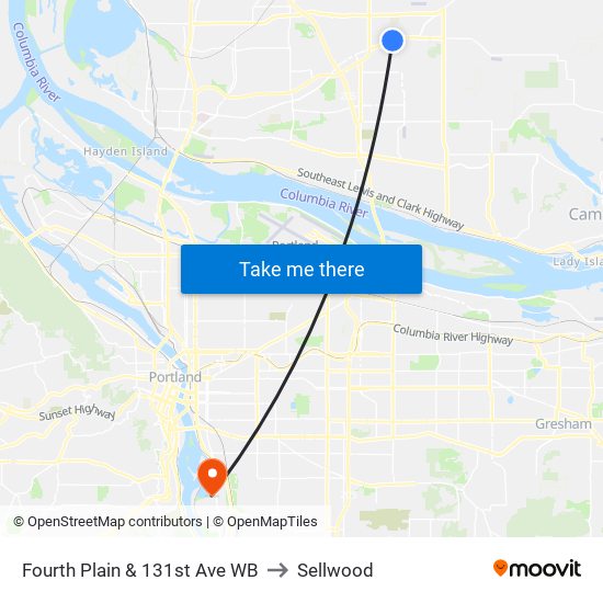 Fourth Plain & 131st Ave WB to Sellwood map