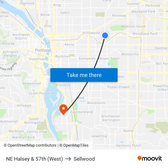 NE Halsey & 57th (West) to Sellwood map