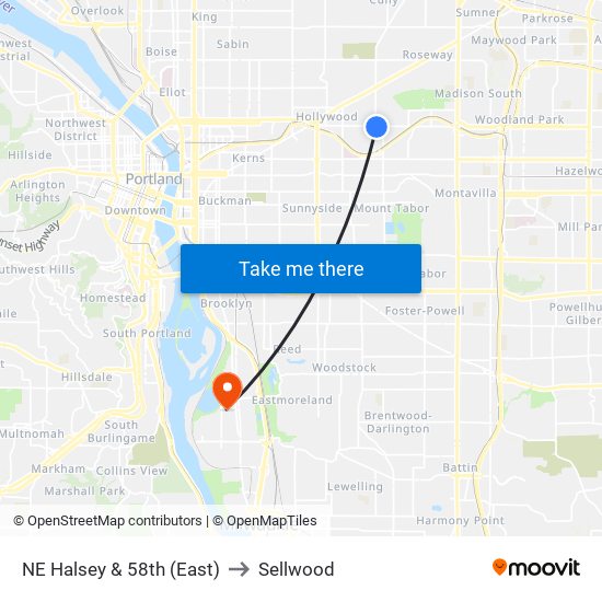 NE Halsey & 58th (East) to Sellwood map