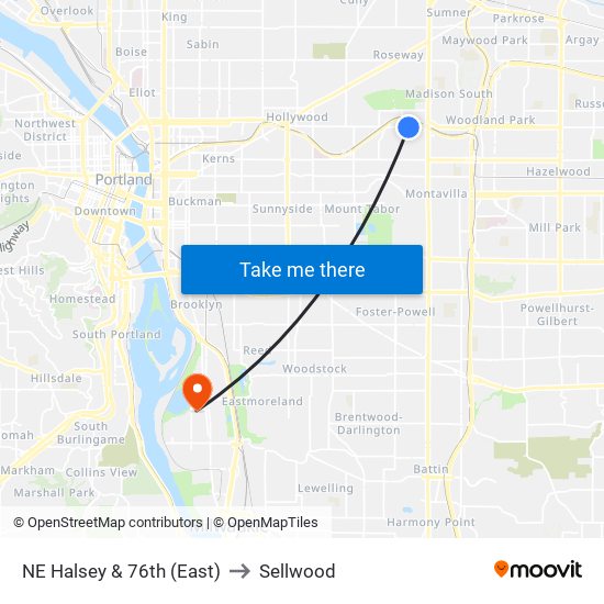 NE Halsey & 76th (East) to Sellwood map