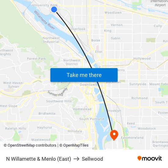 N Willamette & Menlo (East) to Sellwood map